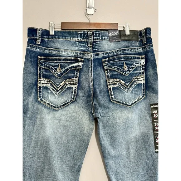 True Luck Mens Bootcut Jeans Flap Pockets Thick Stitch Western Embroidered 38x30 - Picture 5 of 16